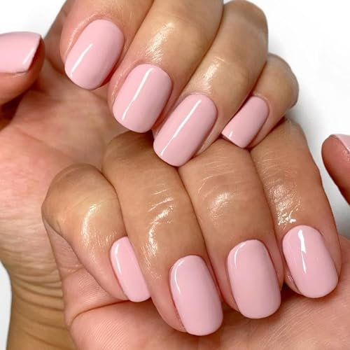 DMQ Square False Nails Short, 24Pcs Pink French Tip Press on Nails Glossy Pure Color Gel Fake Nails, Girls Pink Glue on Nail Full Cover Acrylic Square Stick on Nail for Women and Girls