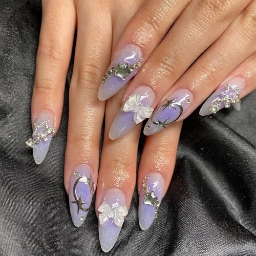24PCS Medium Almond Glitter Purple Ombre False Nails - Removable Press-on Acrylic Full Cover Fake Nails with Included Glue - Stylish Women's Nail Art Accessories