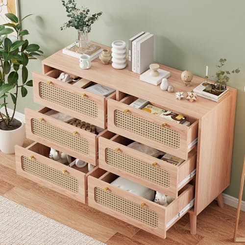 Mutuolux Commode Chambre | Commode 6 Tiroirs Bois pour Salon | Design Rétro en Rotin Style Scandinave Meuble de Rangement Chambre | 73Hx100Lx34D cm Aspect Bois Clair