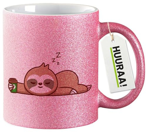Huuraa Glitzertasse schlafendes Faultier Comic Geschenk | Motivtasse 330ml Glitzer Tasse mit Spruch Pink Keramik Kaffeebecher Geschenkidee Pinker Glitter Becher mit Motiv