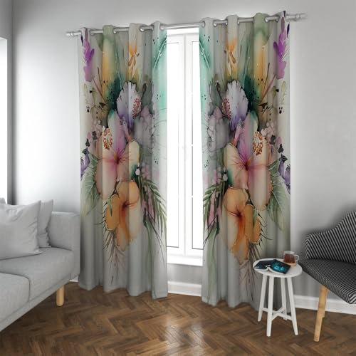 TOANGWALL Mystisches Gartenthema Verdunkelungsvorhänge Aquarell Bunte Wildblumen Muster Lärmreduzierung Fenstervorhänge für Küche 2 Paneele B117xH160cm