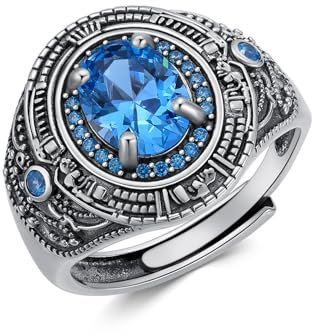 Bague en argent sterling 925 - Coupe ovale - Topaze bleue/rubis/émeraude/onyx noir - Pour homme - Style vintage - Fait à la main - Taille réglable 7, Métal, Pierre précieuse en oxyde de zirconium.