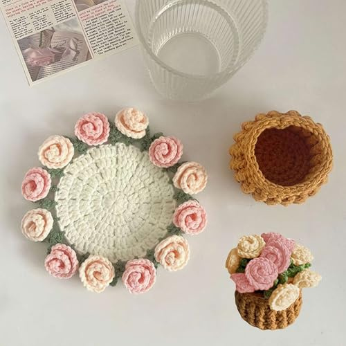 Yiokii Crochet Flower Blanket Coasters, DIY Handmade Vintage Crochet Rose Flower Bouquet-Material Pack, Soft Rose Flower Bouquet Knitted Decorative Coasters Gifts for Mother's Day Birthday Home Decor