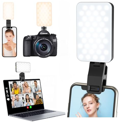 LED Luz Movil Portatil - USB Recargable Selfie Lights con Clip & Doble Orificio Tornillo de 1/4, 5 Modos / 80Leds / 3000K-6500K Mini Lampara para Teléfono Tableta Cámara TikTok Youtube