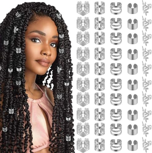 HAMKU 50 Stück Dreadlocks Schmuck Wikinger Haarschmuck Silber, Verstellbar Cuffs Haarperlen Haarspiralen für Braids Zubehör Dekoration