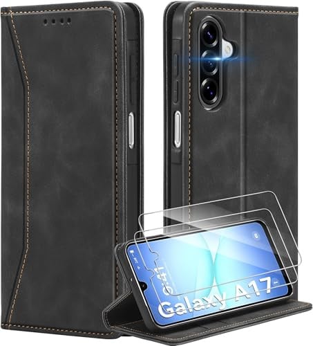 Deisyzy Lederhülle für Samsung Galaxy A17 5G Hülle, Schwarz | 2 Schutzfolie Premium Leder Handyhülle Kartenfach Klapphülle Standfunktion Flip Wallet Case Stoßfest Hülle mit Samsung A17 5G