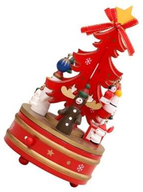 HEEZOU Handcrafted Wooden Rotating Music Box Christmas Tree With Figurines Ornaments For Festives Home Tabletop Shelf Decors Christmas Party Decoration Music Box