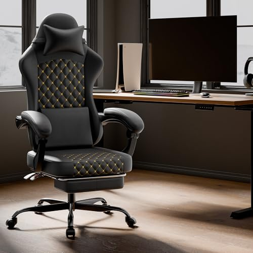 Aceinheu Gaming Stuhl mit Massagefunktion & Fußstütze, Ergonomischer Bürostuhl Leder, Höhenverstellbarer PC Stuhl, Gamer Sessel 150 kg belastbar (Schwarz)
