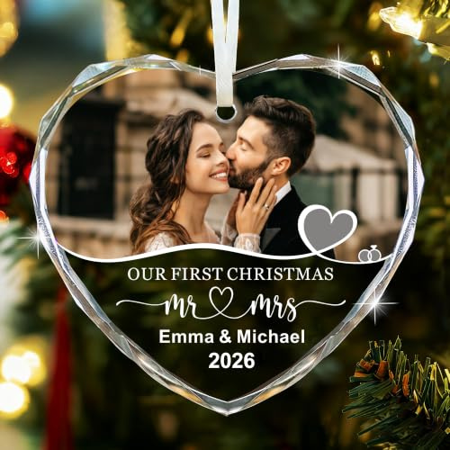 EDSG Personalised First Christmas as Mr and Mrs 2026, Photo Christmas Baubles Tree Decoration, 1st Xmas Married Bauble, First Xmas Married Ornament, Mr and Mrs Couple Gifts (Heart)