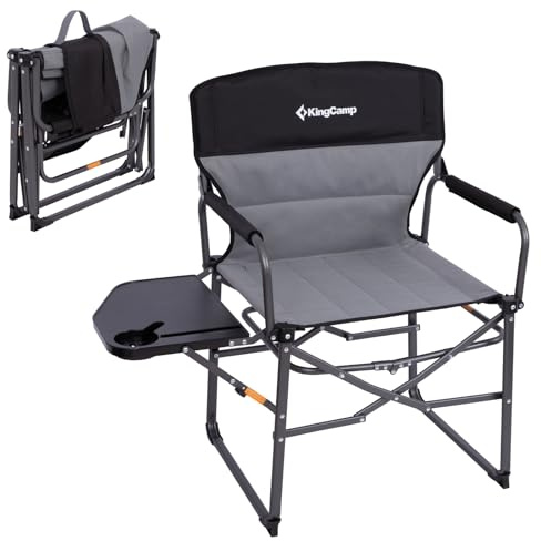 KingCamp Kompakter Regiestuhl Klappbar, bis 200 kg, mit Kleinem Packmaß | Campingstuhl Faltbar mit Seitentisch & Gepolsterten Armlehnen, Robuster Tragbarer Angelstuhl für Camping Picknick BBQ Garten