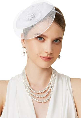 BABEYOND Fascinator Hut für Damen, Elegante Kopfbedeckung mit Mesh-Blumen Stirnband und Haarclip für Hochzeiten Damen Race Day, Cocktail Party Weiß