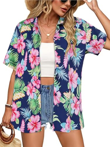 Gosunny Chemise hawaïenne d'été à manches courtes pour femme | Tissu léger et respirant, t-shirt de plage ample avec poches, chemisier décontracté pour des tenues décontractées