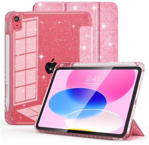 GKABXY Case for iPad (A16) 11th/10th Generation 11/10.9 inch 2025/2022 | Glitter Sequins Leather & Clear Back with Pencil Holder, Auto Wake/Sleep, Rose Pink