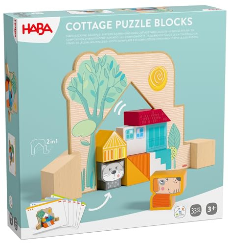 HABA Stapel- und Legespiel Bauspaß – 3D-Holzbausteine für Kinder ab 3 Jahren – Kreatives Konstruktionsspiel mit 20 Bausteinen & Vorlagekarten – 2012382001