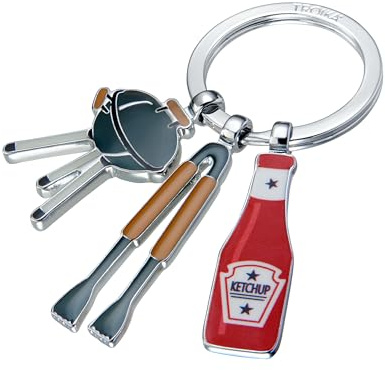 TROIKA Schlüsselanhänger Grill BBQ mit 3 Anhängern Ketchupflasche Grill Grillzange als Barbeque Geschenk aus Emaille, Metallguss bedruckt verchromt in grau und rot für Grillgeschenk