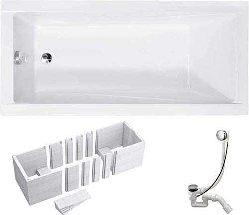 VBChome Badewanne 130x70 cm Acryl SET Wannenträger Siphon Wanne Rechteck Weiß Design Modern Styroporträger Ablaufgarnitur in Chrom Viega Simplex (130x70 cm)
