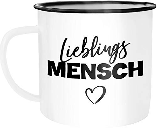 Moonworks Emaille Tasse Becher Lieblingsmensch Geschenk Freund Freundin beste Freunde Kaffeetasse weiß-schwarz unisize