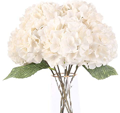 Jim's Cabin Künstliche Blumen, Hortensien aus Seide mit 5 großen Köpfen, künstliche Blumenstrauß für Zuhause, Hochzeit, Party, Dekoration, DIY (weiß)