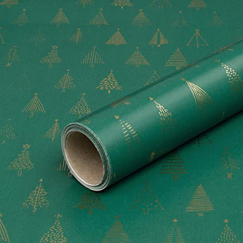 Bolis Geschenkpapier, Grün mit Goldenen Tannen, Weihnachtspapier, 70 cm x 10 m