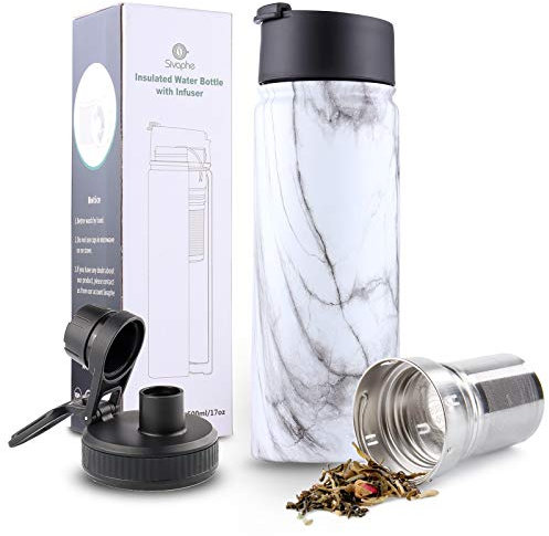 Sivaphe Sport Flask Insulated Water Bottle 500ml with Tea Infuser Leak Proof Stainless Steel Double Walled Keep Hot with 2 Lids for Travel, Camping, Home Marble Pattern