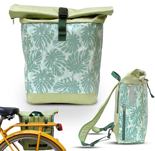 Ikuri Fahrradtasche/Rucksack Kombi Fahrradrucksack aus Plane für Gepäckträger Packtasche Wasserdicht für Frauen - Modell Monstera