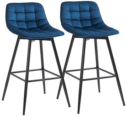 HOMCOM Set 2 Sgabelli Alti in Stile Nordico con Schienale e Poggiapiedi, Sgabelli con Schienale in Tessuto Effetto Velluto e Metallo, 45x47x88 cm, Blu