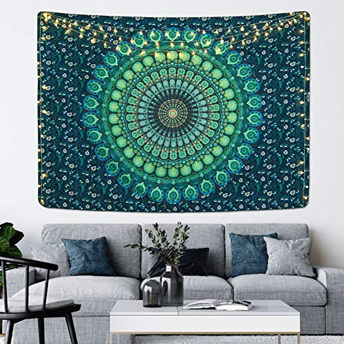 Lyacmy Bohemian Mandala Tapisserie Hippie Tapisserie Psychedelic Pfau Boho Tapisserie Wandbehang für Schlafzimmer (Blau, 130 x 150 cm)