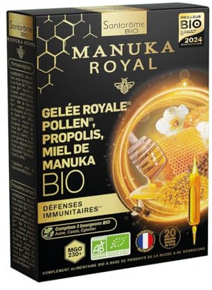 Santarome - Gelée Royale Pollen Propolis Miel de Manuka Bio - Complément alimentaire immunité - Formule 100% Bio - 20 ampoules - Made In France