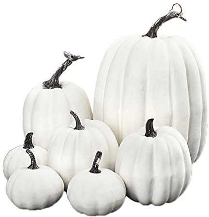 Benoon Künstliche Ernte-Kürbisse, Dekorationsset, Kürbis-Herbsternte, bunte Polystyrol-Styropor-Statue, Display für Zuhause, Garten, Halloween-Dekoration, Weiß, 7 Stück
