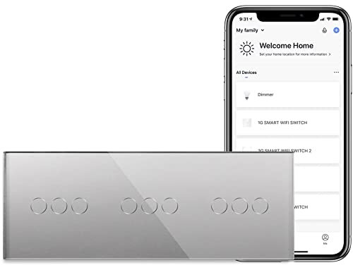 BSEED Interruptor de luz inteligente Alexa de cristal con tres compartimentos, interruptor de pared WiFi táctil, 3 vías (requiere cable neutro), compatible con Alexa/Tuya/Google Home, 228 mm x 86 mm
