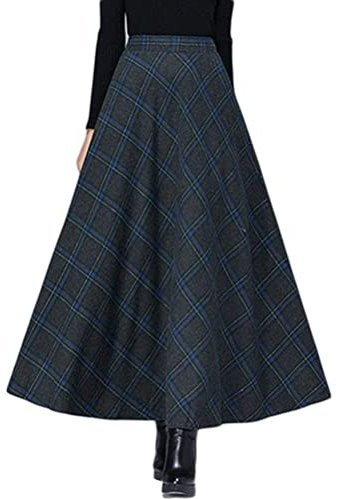 Minetom Jupe Longue Femme Carreaux Vintage Taille Haute Classique Epais Souple pour Hiver Automne Plaid Maxi Jupe Tartan Jupe Longues A Noir XL