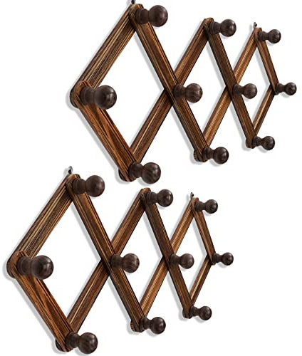 JUJOYBD 2x Große Wandgarderobe Holz, Akkordeon Hakenleiste, erweiterbare Garderobenhaken klappbar Wandhaken Kleiderhaken Wand zum Aufhängen von Mantel Jacken Tasche Hüte Mützen, 10 Haken