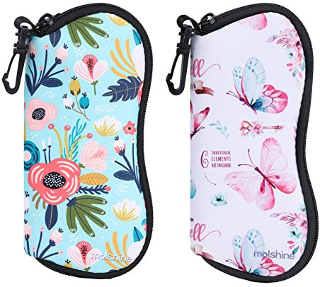 molshine 2 Pezzi Custodia Morbida per Occhiali da Sole,Custodia per Occhiali con Cerniera in Neoprene,Borsa per Occhiali Portatile con Gancio per Donna Uomo