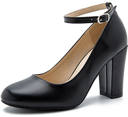 Women's Ankle Strap Pumps Closed Toe Block High Heel Round Toe Mary Jane Shoes, Matte Black, 5 UK