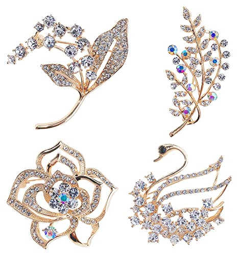 TRYFM 4 Stück Damen Brosche Set, Tier Brosche Blätter Blumen Strass Brosche Elegant Mode Anstecknadeln Kristall Pin Dekoration Zubehör für Damen und Mädchen