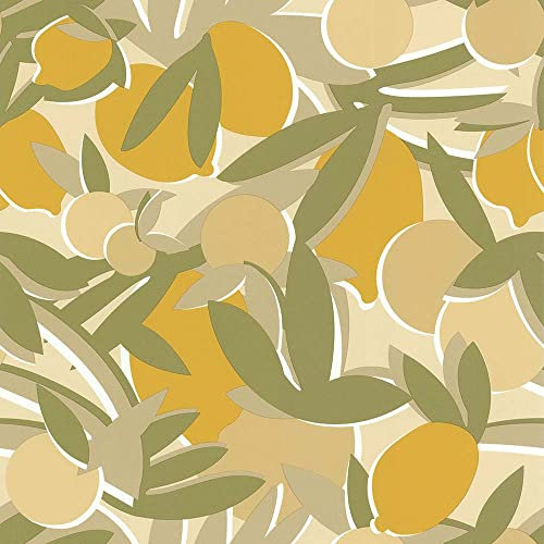 Lutece Premium-Quality Vinyl Wallpapers with Floral Lemon Tree Design for Bedroom, Hall, Living Room; Washable, Removable, Eco-Aware Made in France (53cm W x 10m L) (Beige/Olive)