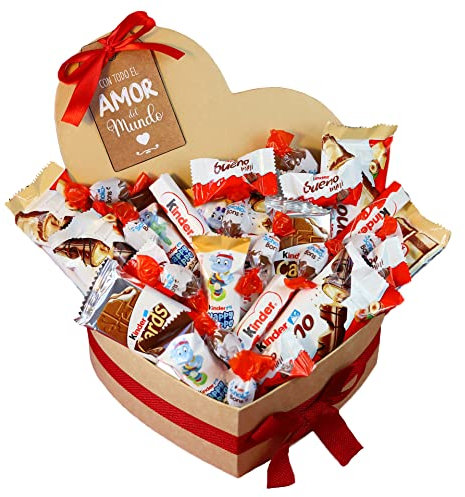 Onza Corazón San Valentín de Chocolates Kinder Bueno para regalar - Caja Chocolates originales con Kinder Bueno Mini, Schokobons, Happy Hippo, Kinder Bueno White - San valentin regalos mujer