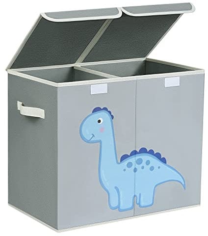 DIMJ Juego de 2 Cajas de Almacenaje Juguetes Plegable, Caja Para Guardar de Juguetes con Tapa y Asa, Caja de Tela Lindo Dinosaurio Patrón para Niños (Gris Claro)