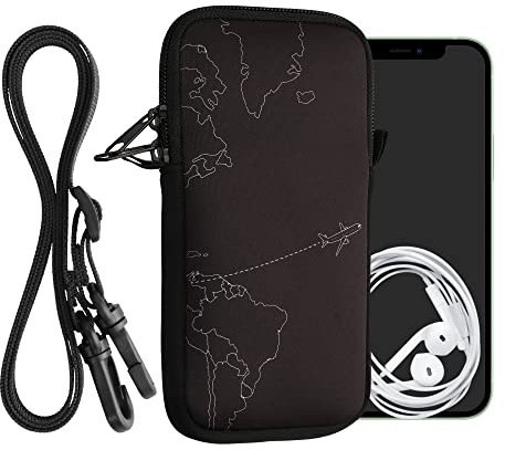 kwmobile Custodia in Neoprene con Zip per Smartphone - Portacellulare a Tracolla - Porta Cellulare da Collo Universale - Cover Borsa Telefono Travel & Explore