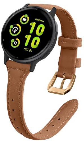 WoPail Leder Armband 20mm für Garmin Forerunner 570 42mm/Vivoactive 6/Forerunner 165 Music/Vivoactive 5/vívomove Trend Ersatzarmband Damen Schlank und Leicht Armbänder für Venu Sq 2 Braun