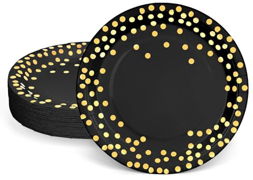SKBATTERRS 50 Pcs Paper Plates Set, Disposable Tableware Decorations Birthday Party Supplies (Black and Gold, 9 inch)