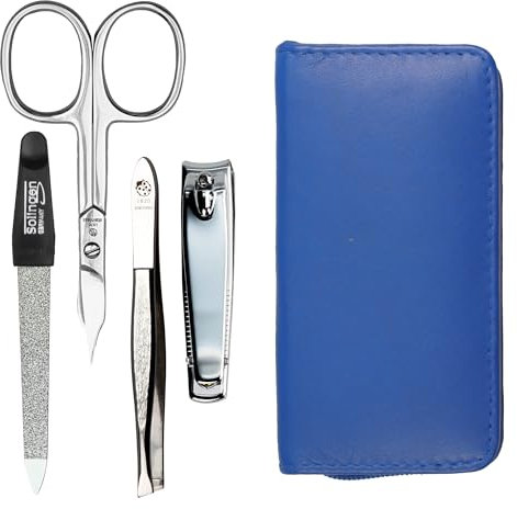 Maniküre Set 4 teilig Reise Etui - Nagelschere, Nagelknipser, Nagelfeile und Pinzette - Etui aus echtem Nappa-Lammleder - Maniküre und Pediküre (Kobaltblau)