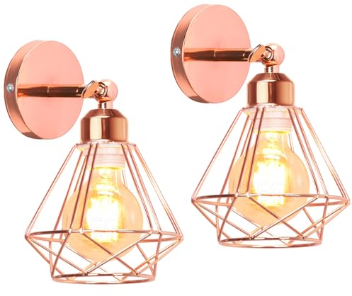 iDEGU Lot de 2 Applique Murale Intérieure Design Cage en Métal 16CM Lampe Murale Industrielle Ajustable Plafonnier Luminaire Murale Applique Vintage pour Chambre Couloir Salon (Style-C, Or Rose)