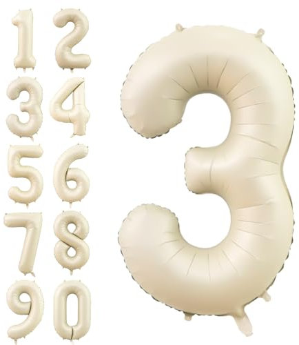 Number 3 Balloon Beige,40 Inch Large Cream Foil 3 Helium Balloons for Boys Girls Birthday Anniversary Decorations