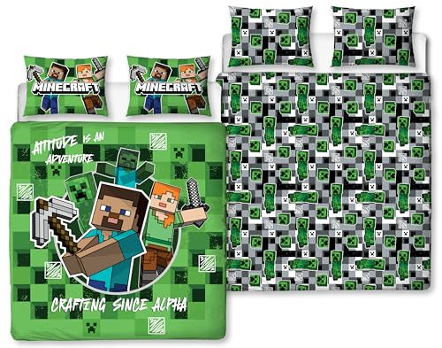 MINECRAFT Official Double Duvet Cover Set | Block Check Gaming Design Reversible 2 Sided Bedding Including Matching Pillow Cases | Double Bed Set