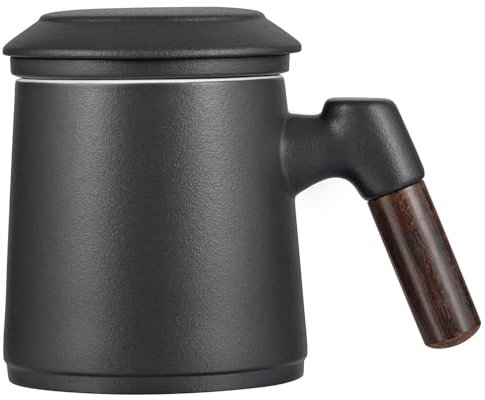 Taza te Infusor Cerámica con Tapa, Taza Infusor con Mango de Madera 13 oz / 400 ml para uso en Hogar y Oficina (Negro)