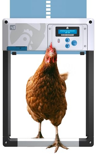 Porte poulailler Automatique 'ChickenGuard All-in-One'. Écran LCD programmable, Mode Hiver Puissant, Capteur de Lumière/Minuterie, Arrêt de Sécurité, Porte/Trappe en Aluminium (Bleu + Piles)