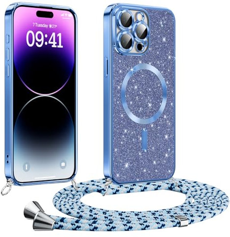 Phoona Glitter Funda para iPhone 14 Pro MAX 6,7 con Cuerda, Ajustable Teléfono Cordón, Compatible con MagSafe, Anti-Caída, Carcasa Protectora Silicona AntiChoque, Azul