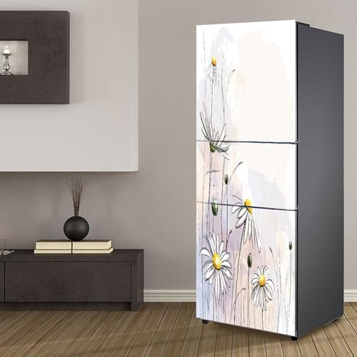 Targawerelax Fridge Wraps Kitchen Fridge Stickers Cover Full Doors, White Wild Chrysanthemum Floral Sticker Decal for Smooth Surfaces