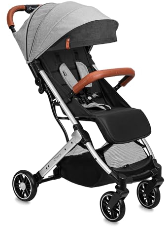 MoMi ESTELLE Passeggino a partire da 6 mesi (fino a 15 kg), pieghevole con cintura di sicurezza a 5 punti, cestino porta spesa e funzione di apertura, manico telescopico per il traino
